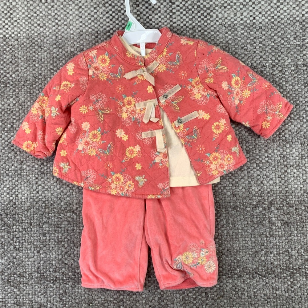 NWOT Vintage 3pc Jacket Set Baby Girls 6-9M Coral Pink Floral Butterfly Quilted
